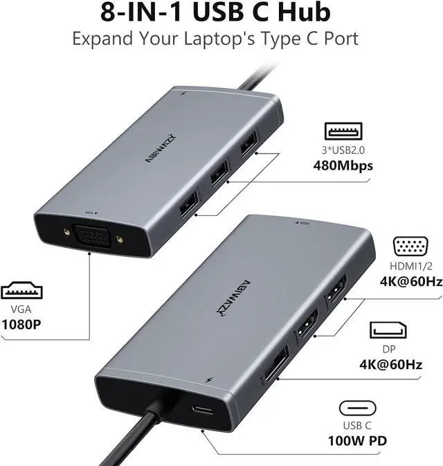 Alt view image 6 of 6 - USB C Hub Triple Monitor Adapters 8 in 1 USB C Docking Station with Dual HDMI Displayport VGA, USB C 100w PD,3USB2.0 Multiport Dongle for Dell,Lenovo,HP,MacBook,iPhone 15 Pro Max/15 Pro/15 Plus/15