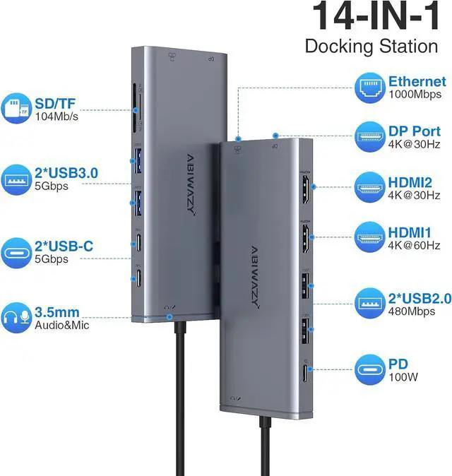 Alt view image 2 of 7 - USB C Hub USB-C Docking Station Dual Monitor 14 in 1 Triple Display Multiport Adapter with 2 HDMI+DP+7 USB Type C/A Ports+Ethernet+Audio, USBC Dongle for Dell/HP/Lenovo ThinkPad/Surface(Grey)