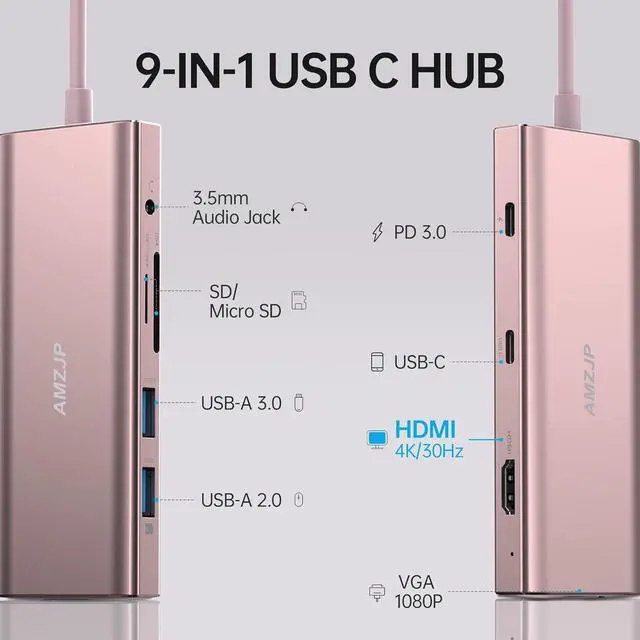 Alt view image 2 of 7 - USB C Hub Multiport Adapter for MacBook Pro/Air, USB C to HDMI 4K, USB C Dongle 9 in 1 with VGA, USB-C Port, Audio Port, PD Charging 100W and SD/TF Card Reader for HP Dell XPS or Other Type C Laptops