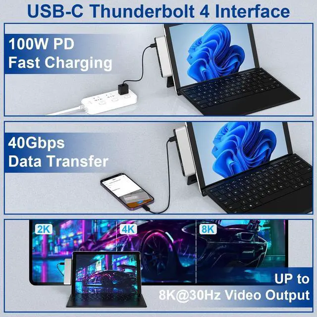 Alt view image 4 of 7 - Surface Pro 9/10/11/X Docking Station, Surface Pro 11 USB Hub with 4K HDMI, USB-C Thunderbolt 4 (Display+Data+100W PD), 2 USB 3.0, 3.5mm Audio, SD/TF Card Slot for Surface Pro 9/Pro 10/Pro 11/Pro X
