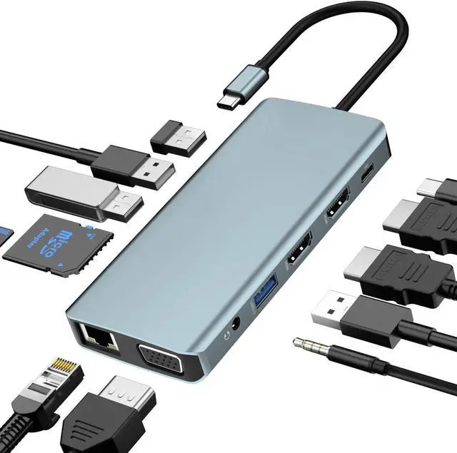 Main image of USB C Docking Station, 12 in 1 USB-C Hub, 3 Monitor Type-C to 4K Dual HDMI+VGA Adapter, Laptop Docking Station Multiport 100W PD, 3*USB3.0+USB2.0,1000M RJ45 for HP/MacBook/Dell/Lenovo laptops