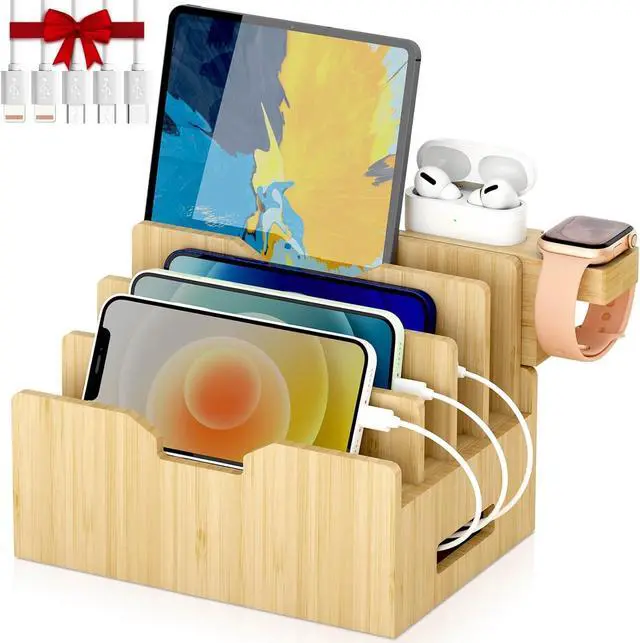 Main image of Bamboo Charging Station forMultipleDevices with Integrated Watch & Earbuds Stand, Desktop Charging Docking Station Organizer for Cell Phone, Tablet, 5 Charging Cables IncludedNo Power Supply