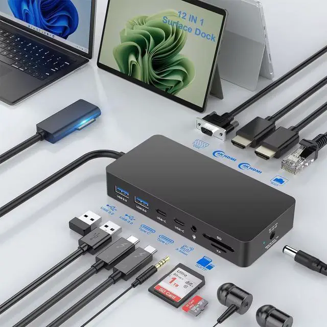 Main image of 12 in 1 Surface Dock (2*HDMI +VGA), Microsoft Surface pro Docking Station Triple Display, Surface pro Accessories for Surface Pro 8/X/7/6/5/4/3, Surface Laptop 4/3/2/go, Surface Book 3/2, Surface Book