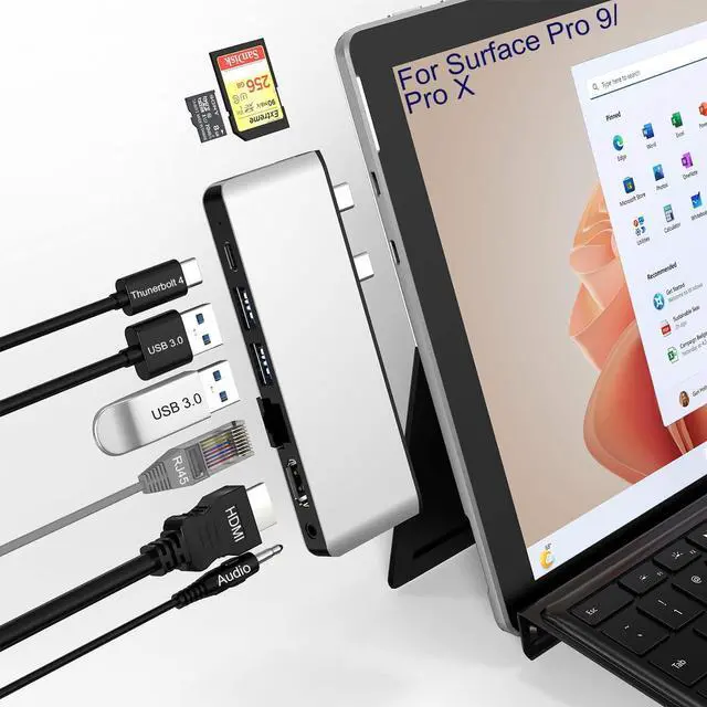 Main image of Surface Pro 9/Pro 11 USB Hub Docking Station with 4K HDMI, USB-C Thunerbolt 4(8K@30Hz Video+40G Data+100W Power), 100M RJ45, 2X USB3.0, SD, TF, 3.5mm Audio, Triple Display for Surface Pro 11/10/9/X