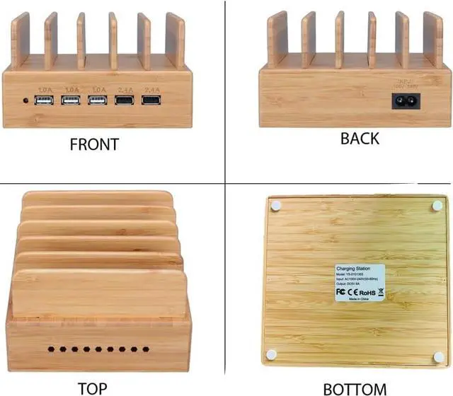 Alt view image 6 of 7 - Yisen Wood Bamboo Multi Device Charging Station 5-Port USB Charging Dock for for iPhone, iPad, Universal Phones, Tablets and Other USB-Charged Devices(with 5 USB Charge Cables)