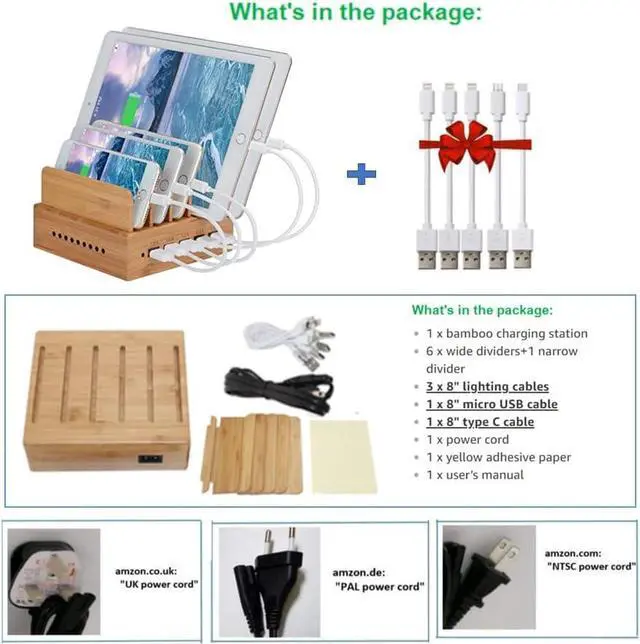 Alt view image 4 of 7 - Yisen Wood Bamboo Multi Device Charging Station 5-Port USB Charging Dock for for iPhone, iPad, Universal Phones, Tablets and Other USB-Charged Devices(with 5 USB Charge Cables)