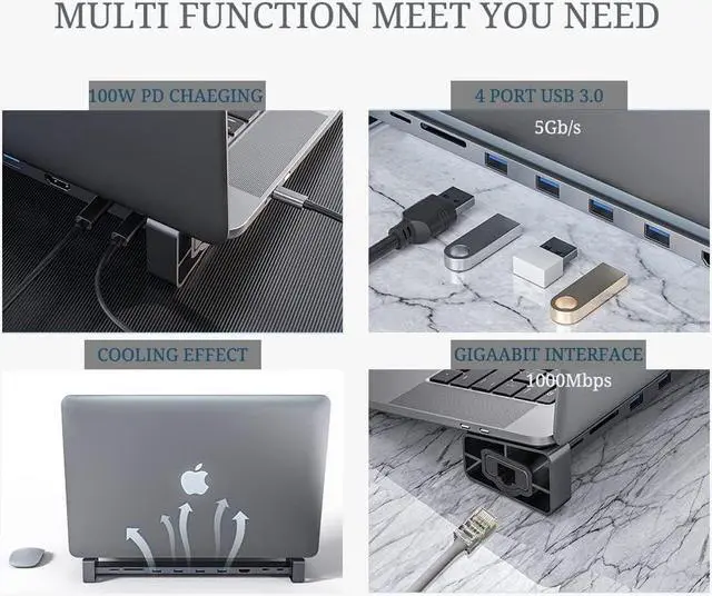 Alt view image 3 of 7 - USB C Laptop Docking Station Stand, 9 Multi Port USB C Hub with 100W PD, 4K HDMI, 4 USB 3.0, TF/SD Card Reader, LAN Gigabit Ethernet, Universal Laptop Dock for MacBook M2 M1/Dell/HP/Surface/Lenovo
