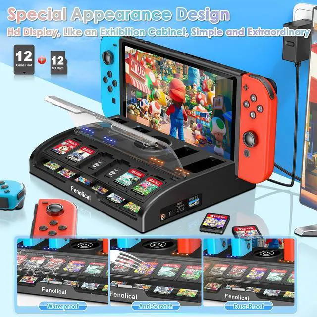 Alt view image 6 of 6 - Fenolical TV Switch Dock Station for Nintendo Switch/OLED with Joycon Controller Charging, Support 4K/1080P HDMI Switch Charger Docking Station for Switch Accessories with 12 Game Slots, Black