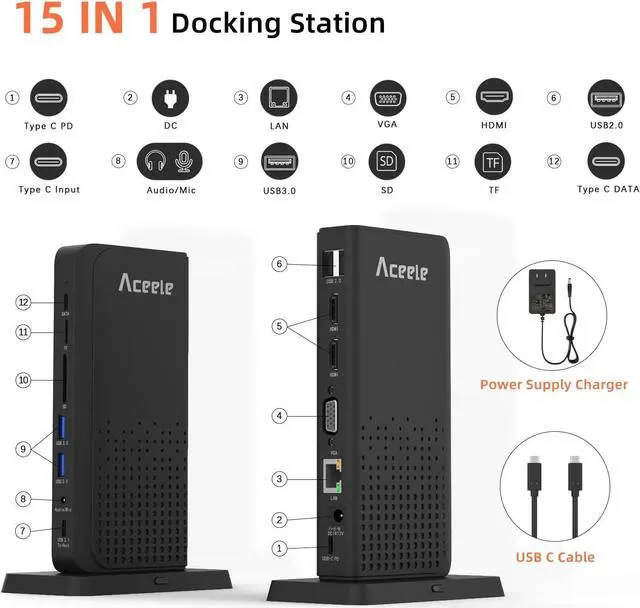 Alt view image 2 of 7 - Aceele Triple Display USB C Docking Station 15 in 1 USB C Dock, SD/TF, 4K HDMI, VGA, Gigabit Ethernet, USB 3.0, 3.5mm Audio, 100W PD, Multiport Adapter for MacBook, Dell XPS, HP, Surface and Lenovo.