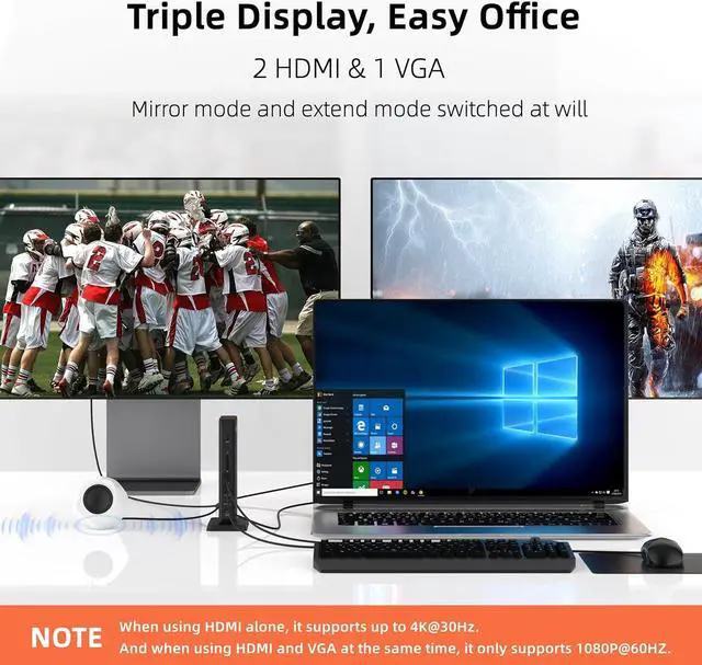 Alt view image 3 of 7 - Aceele Triple Display USB C Docking Station 15 in 1 USB C Dock, SD/TF, 4K HDMI, VGA, Gigabit Ethernet, USB 3.0, 3.5mm Audio, 100W PD, Multiport Adapter for MacBook, Dell XPS, HP, Surface and Lenovo.