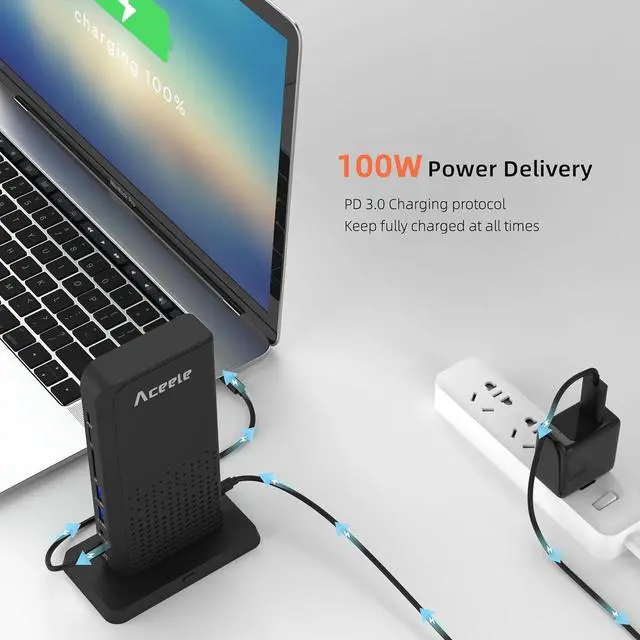 Alt view image 6 of 7 - Aceele Triple Display USB C Docking Station 15 in 1 USB C Dock, SD/TF, 4K HDMI, VGA, Gigabit Ethernet, USB 3.0, 3.5mm Audio, 100W PD, Multiport Adapter for MacBook, Dell XPS, HP, Surface and Lenovo.