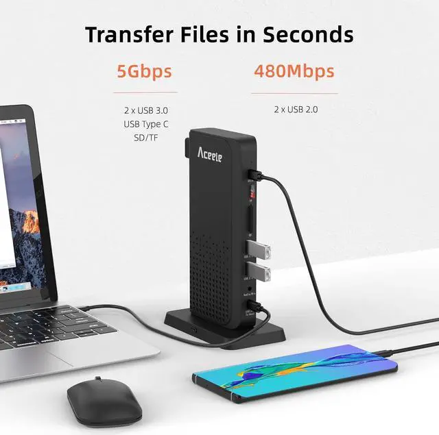 Alt view image 7 of 7 - Aceele Triple Display USB C Docking Station 15 in 1 USB C Dock, SD/TF, 4K HDMI, VGA, Gigabit Ethernet, USB 3.0, 3.5mm Audio, 100W PD, Multiport Adapter for MacBook, Dell XPS, HP, Surface and Lenovo.