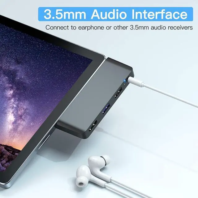 Alt view image 4 of 7 - 4 in 2 Surface Go1/ Go2/ Go3 Adapter USB Hub Docking Station, USB-C + 3.5mm Jack to 1 x USB 2.0 + 1 x USB 3.0 + HDMI + 1 x 3.5mm Audio Jack, Compatible with Microsoft Surface Go1/ Go2/ Go3 Only