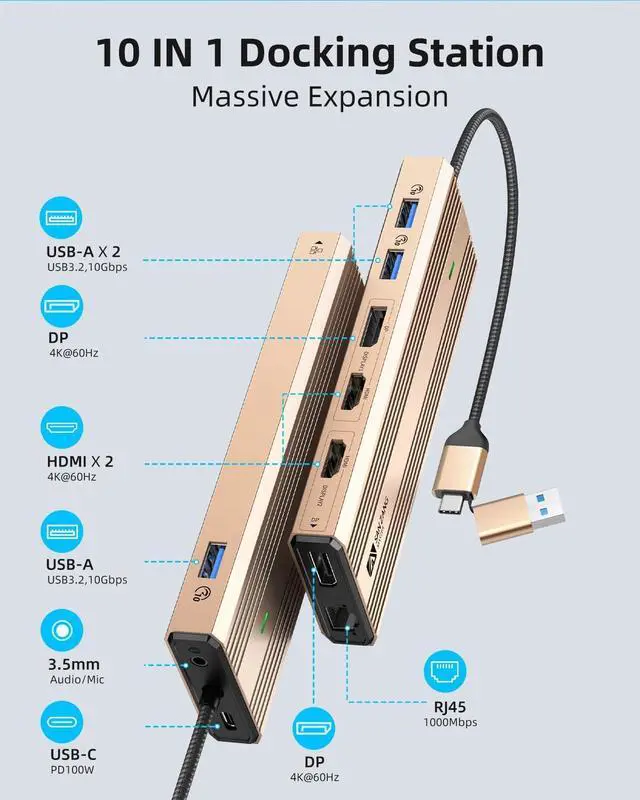 Alt view image 3 of 7 - Displaylink Docking Station Dual Monitor,10 in 1 10Gbps USB C Hub Multiple Adapter for MacBook/Dell/HP/Surface/Lenovo Laptop Docking Station with 2 HDMI 4K,2 PD 4K, Ethernet,USB 3.2,Mic/Audio,100W PD