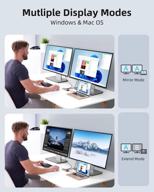 Alt view image 4 of 7 - Displaylink Docking Station Dual Monitor,10 in 1 10Gbps USB C Hub Multiple Adapter for MacBook/Dell/HP/Surface/Lenovo Laptop Docking Station with 2 HDMI 4K,2 PD 4K, Ethernet,USB 3.2,Mic/Audio,100W PD