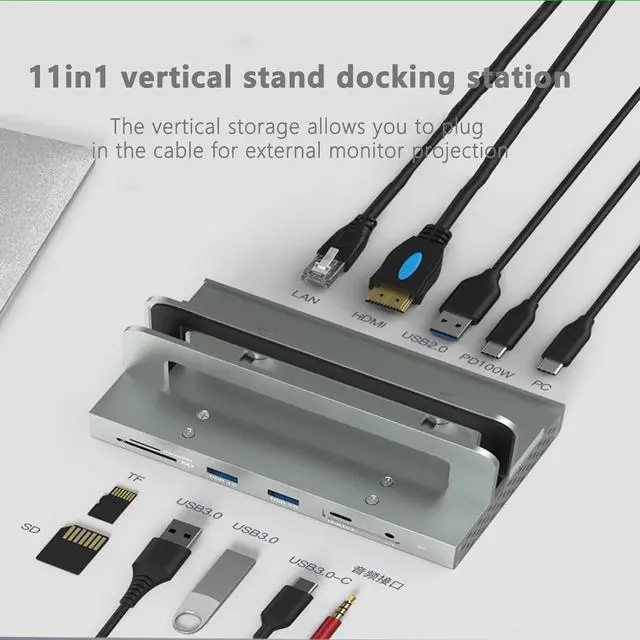 Alt view image 2 of 7 - Zoravson 11 in 1 USB C Docking Station with Laptop Stand,100W Power Delivery with USB 3.0, USB 2.0, USB C, Hdmi2.0, Rj45 Ethernet, SD Card Reader/TF Port,Vertical Storage Desk Organizer