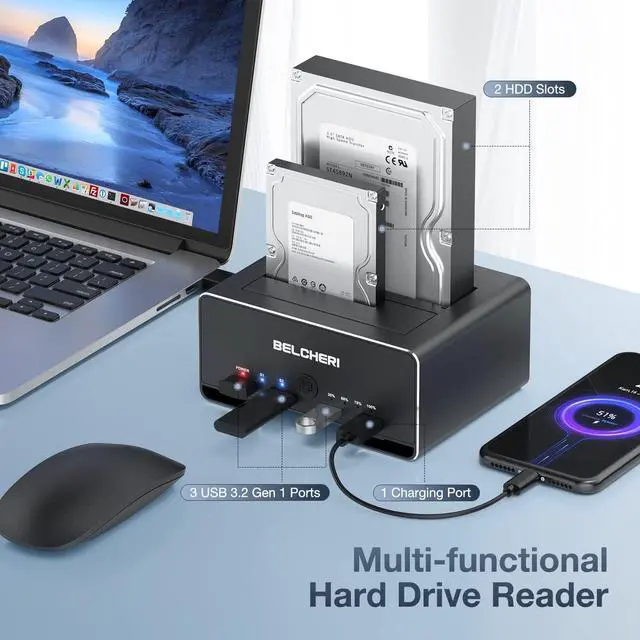 Alt view image 2 of 7 - BELCHERI Hard Drive Docking Station, USB 3.2 Gen 1 Hard Drive Dock for 2.5 or 3.5 inch SATA HDD SSD, Aluminum HDD Docking Station with 3 USB A Ports and One Charging Port, Support Offline Clone