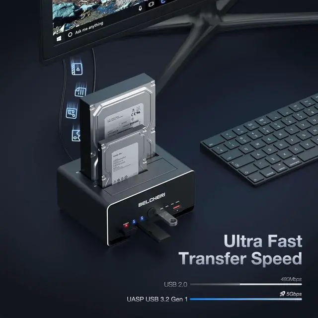 Alt view image 3 of 7 - BELCHERI Hard Drive Docking Station, USB 3.2 Gen 1 Hard Drive Dock for 2.5 or 3.5 inch SATA HDD SSD, Aluminum HDD Docking Station with 3 USB A Ports and One Charging Port, Support Offline Clone