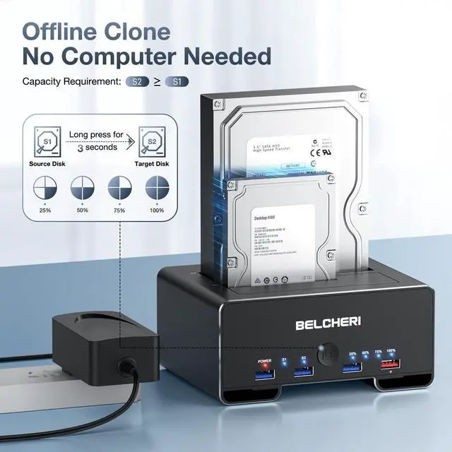 Alt view image 4 of 7 - BELCHERI Hard Drive Docking Station, USB 3.2 Gen 1 Hard Drive Dock for 2.5 or 3.5 inch SATA HDD SSD, Aluminum HDD Docking Station with 3 USB A Ports and One Charging Port, Support Offline Clone