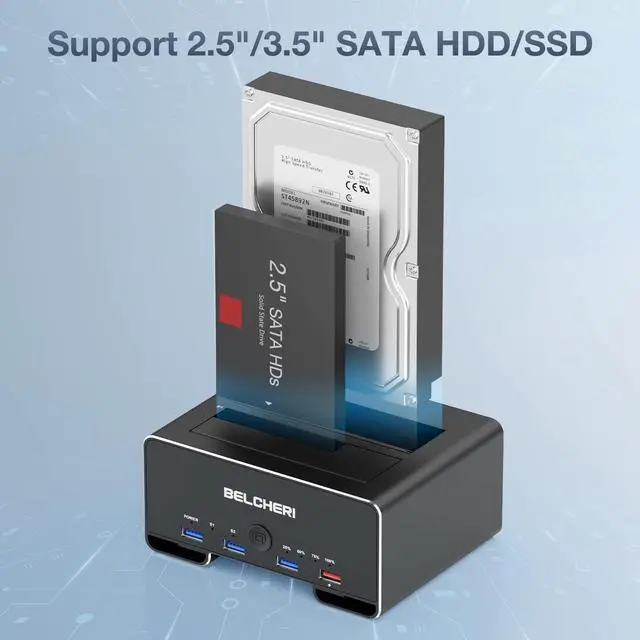 Alt view image 6 of 7 - BELCHERI Hard Drive Docking Station, USB 3.2 Gen 1 Hard Drive Dock for 2.5 or 3.5 inch SATA HDD SSD, Aluminum HDD Docking Station with 3 USB A Ports and One Charging Port, Support Offline Clone
