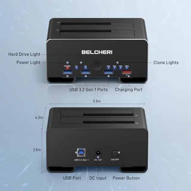 Alt view image 7 of 7 - BELCHERI Hard Drive Docking Station, USB 3.2 Gen 1 Hard Drive Dock for 2.5 or 3.5 inch SATA HDD SSD, Aluminum HDD Docking Station with 3 USB A Ports and One Charging Port, Support Offline Clone