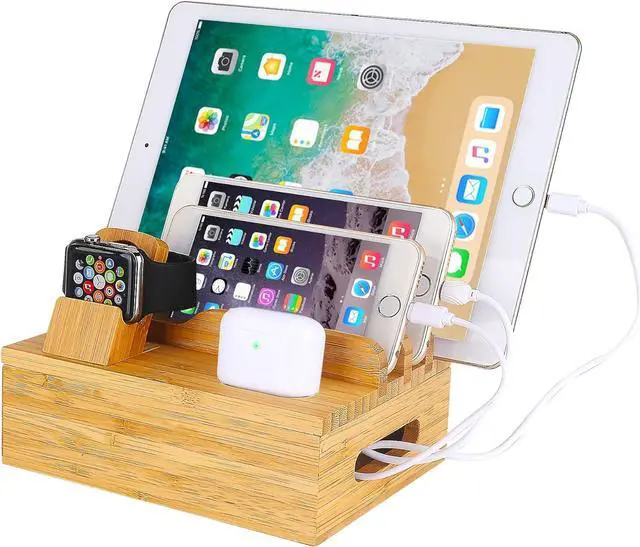 Main image of Bamboo Wood Desktop Organizer Charging Docking Station Charger Holder Cradle Stand Compatible with iPhone 11 Pro Max XS XR iPad Apple Watch 2 3 4 / iWatch 38 & 42mm AirPods & AirPods Pro Smartphones