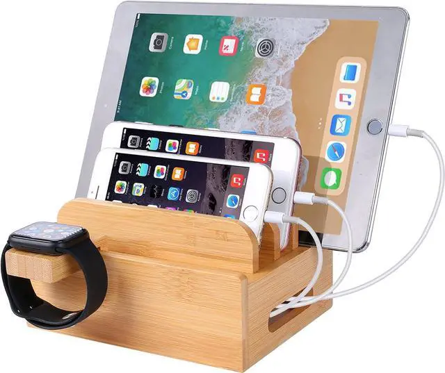 Main image of Bamboo Wood Desktop Organizer Charging Docking Station Charger Holder Cradle Charge Stand Compatible with iPhone 12 11 Pro Max XS XR X 8 7 6S 6 Plus iPad Apple Watch 2 3 4 iWatch Smartphones & Tablets