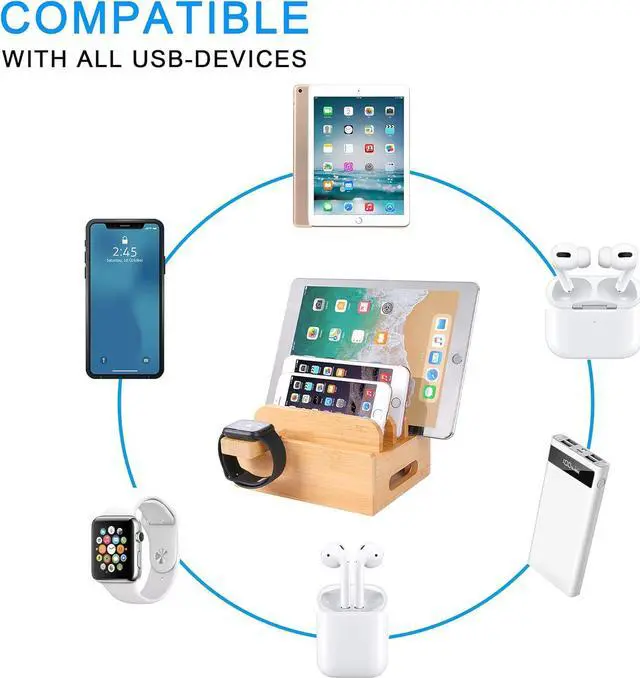Alt view image 3 of 7 - Bamboo Wood Desktop Organizer Charging Docking Station Charger Holder Cradle Charge Stand Compatible with iPhone 12 11 Pro Max XS XR X 8 7 6S 6 Plus iPad Apple Watch 2 3 4 iWatch Smartphones & Tablets