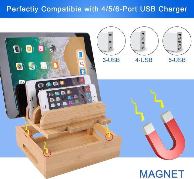 Alt view image 2 of 7 - Bamboo Wood Desktop Organizer Charging Docking Station Charger Holder Cradle Charge Stand Compatible with iPhone 12 11 Pro Max XS XR X 8 7 6S 6 Plus iPad Apple Watch 2 3 4 iWatch Smartphones & Tablets