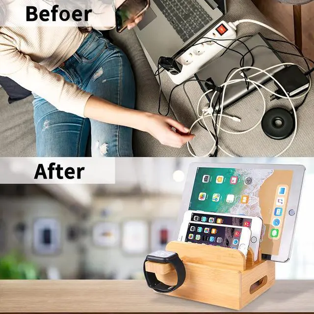 Alt view image 5 of 7 - Bamboo Wood Desktop Organizer Charging Docking Station Charger Holder Cradle Charge Stand Compatible with iPhone 12 11 Pro Max XS XR X 8 7 6S 6 Plus iPad Apple Watch 2 3 4 iWatch Smartphones & Tablets