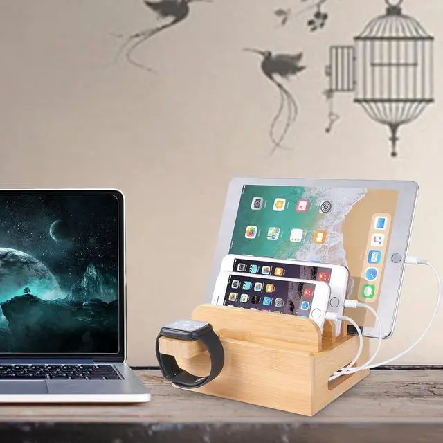 Alt view image 7 of 7 - Bamboo Wood Desktop Organizer Charging Docking Station Charger Holder Cradle Charge Stand Compatible with iPhone 12 11 Pro Max XS XR X 8 7 6S 6 Plus iPad Apple Watch 2 3 4 iWatch Smartphones & Tablets