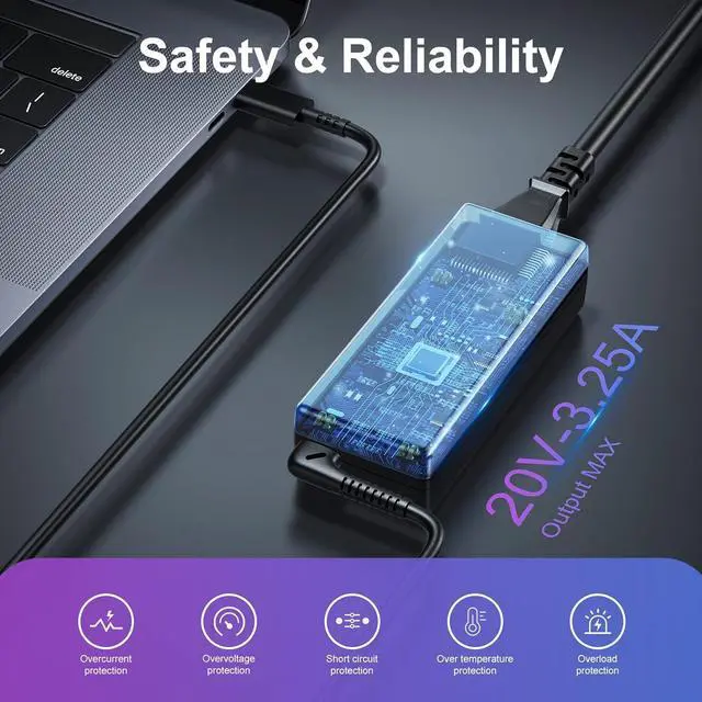 Alt view image 2 of 7 - 65W 45W USB-C Laptop Charger for Lenovo ThinkPad T480 T490 T480s T580s E480 E580 Chromebook C330 S340 730S Yoga C940 C930 for Acer Spin Swift for HP for Dell Latitude XPS Adapter Type C Power Supply