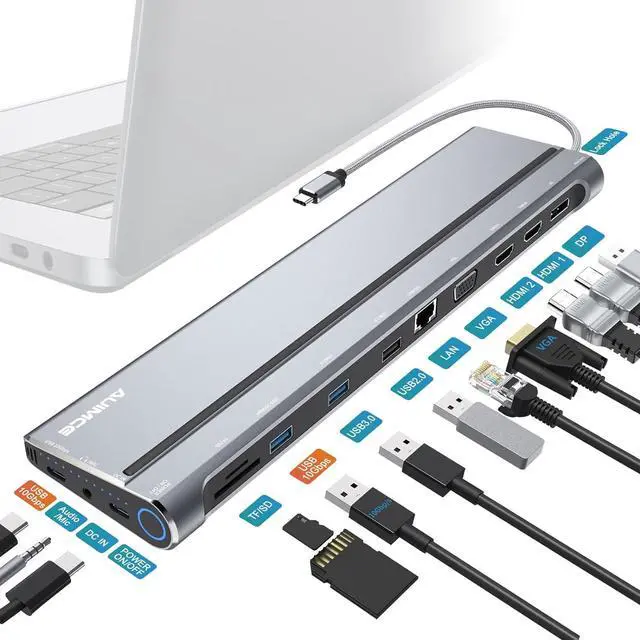 Main image of USB C Docking Station Dual Monitor, 14 in 1 Laptop Docking Station Stand with Dual HDMI, DP, VGA, Gigabit Ethernet, PD 3.0, USB A Ports, SD/TF Slots, Audio, Power On/Off Button