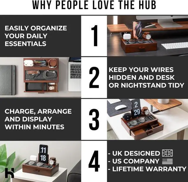Alt view image 2 of 7 - Nightstand Organizer for Men - Wood Phone Docking Station to Charge Your Phone & Earbuds - Wood Charging Station with Lined Tray & Drawer - Mens Docking Station - Gifts for Dad Birthday Gifts for Men