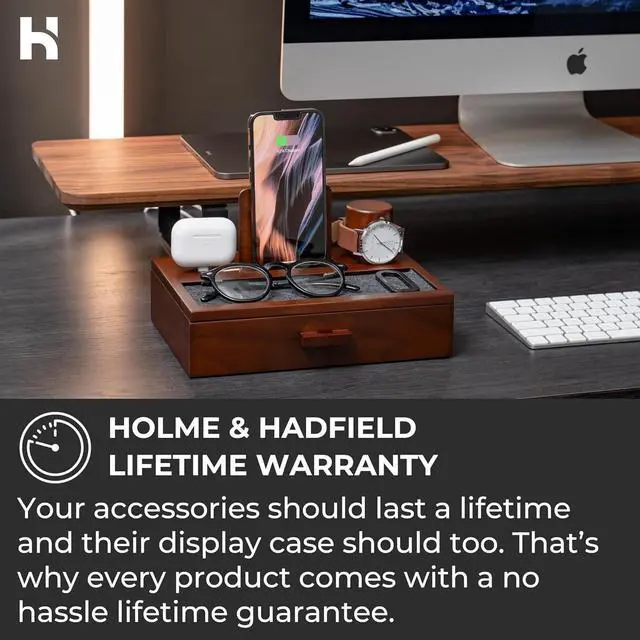 Alt view image 4 of 7 - Nightstand Organizer for Men - Wood Phone Docking Station to Charge Your Phone & Earbuds - Wood Charging Station with Lined Tray & Drawer - Mens Docking Station - Gifts for Dad Birthday Gifts for Men