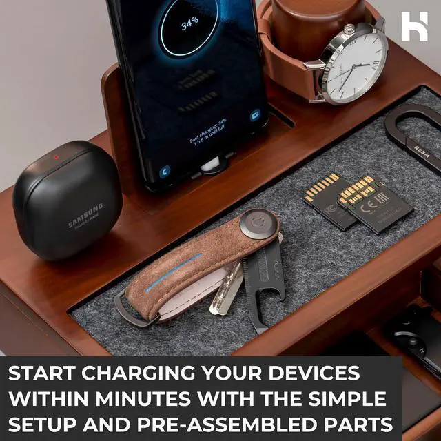 Alt view image 6 of 7 - Nightstand Organizer for Men - Wood Phone Docking Station to Charge Your Phone & Earbuds - Wood Charging Station with Lined Tray & Drawer - Mens Docking Station - Gifts for Dad Birthday Gifts for Men