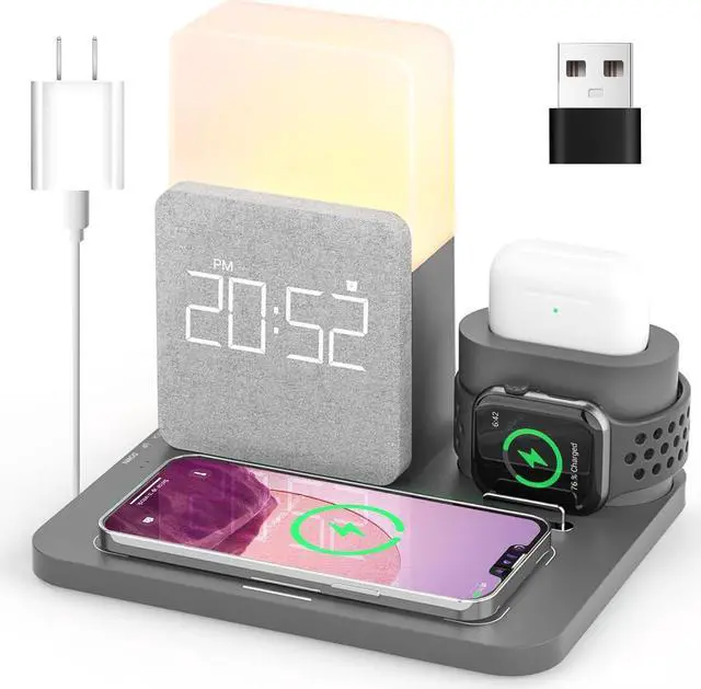 Main image of COLSUR Wireless Charging Station, 3 in 1 Charging Station, Alarm Clock with Wireless Charger, Bedside Lamp, for iPhone 12/13/14/15 Pro/Mini/Pro Max/Plus Gray(QC3.0/18W Adapter Included)