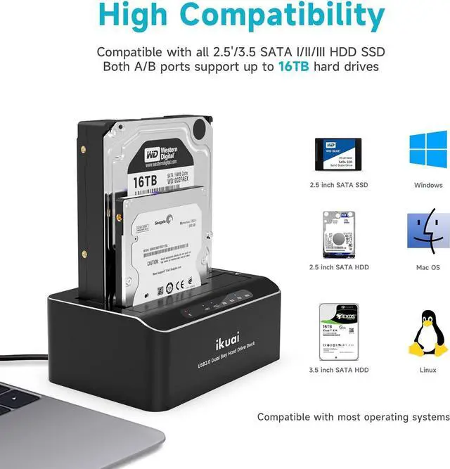 Alt view image 5 of 7 - ikuai USB 3.0 to SATA Dual Bay Hard Drive Dock for 2.5"/ 3.5" SATA HDD SSD I/II/III with Offline Clone, Duplicator Function External Hard Drive Docking Station (UASP & 2x16TB Supported)