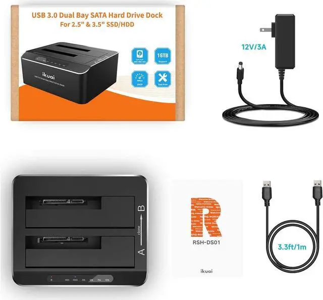 Alt view image 6 of 7 - ikuai USB 3.0 to SATA Dual Bay Hard Drive Dock for 2.5"/ 3.5" SATA HDD SSD I/II/III with Offline Clone, Duplicator Function External Hard Drive Docking Station (UASP & 2x16TB Supported)