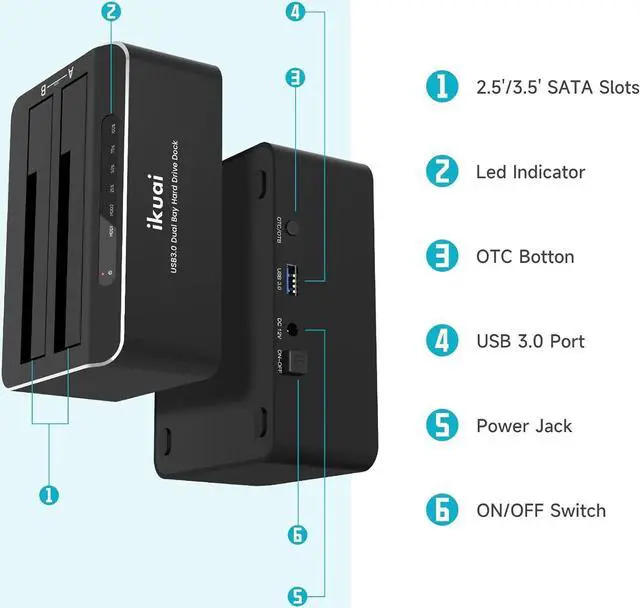 Alt view image 7 of 7 - ikuai USB 3.0 to SATA Dual Bay Hard Drive Dock for 2.5"/ 3.5" SATA HDD SSD I/II/III with Offline Clone, Duplicator Function External Hard Drive Docking Station (UASP & 2x16TB Supported)