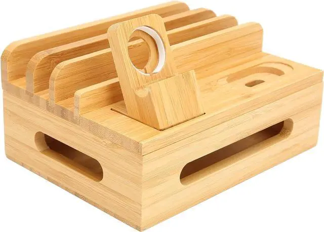 Main image of Bamboo Charging Station for Multi Smart Device, Desktop Charging Docking Station with Integrated Watch Earbuds Stand, for Cell Phone, Tablet, Watch