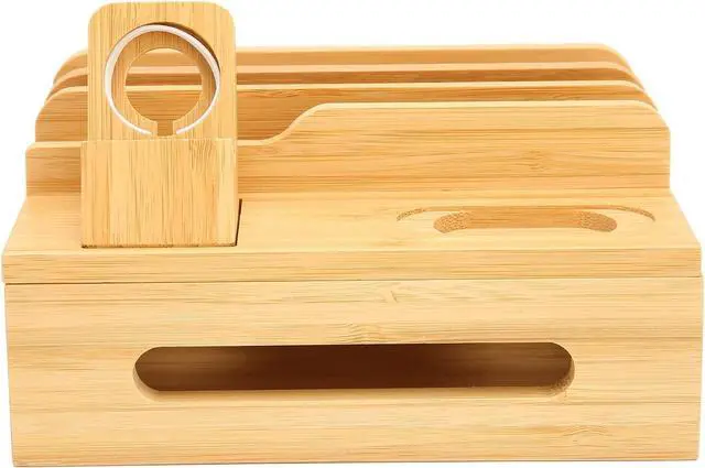 Alt view image 2 of 7 - Bamboo Charging Station for Multi Smart Device, Desktop Charging Docking Station with Integrated Watch Earbuds Stand, for Cell Phone, Tablet, Watch