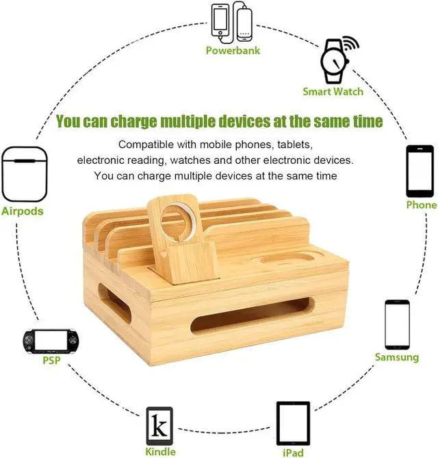 Alt view image 5 of 7 - Bamboo Charging Station for Multi Smart Device, Desktop Charging Docking Station with Integrated Watch Earbuds Stand, for Cell Phone, Tablet, Watch