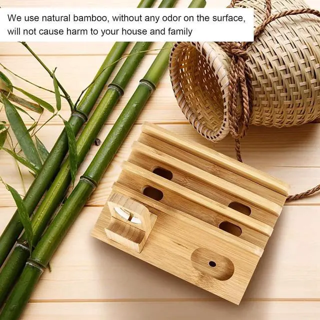 Alt view image 4 of 7 - Bamboo Charging Station for Multi Smart Device, Desktop Charging Docking Station with Integrated Watch Earbuds Stand, for Cell Phone, Tablet, Watch
