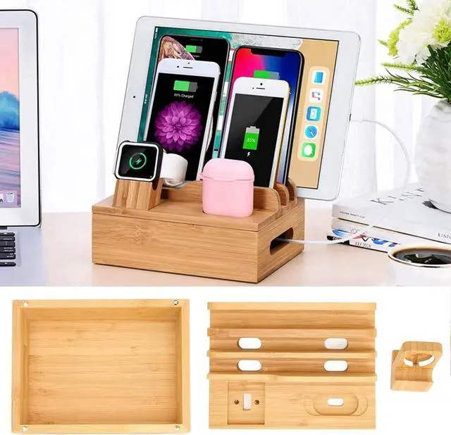 Alt view image 3 of 7 - Bamboo Charging Station for Multi Smart Device, Desktop Charging Docking Station with Integrated Watch Earbuds Stand, for Cell Phone, Tablet, Watch