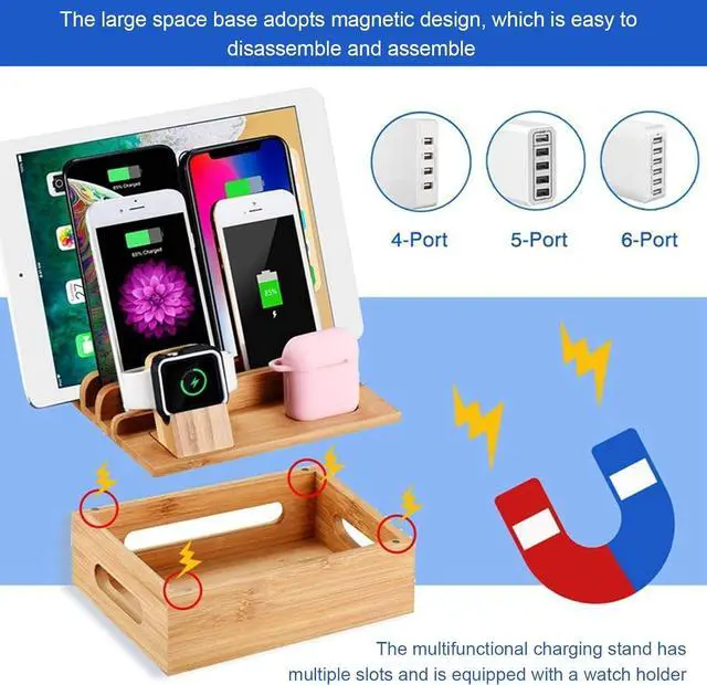 Alt view image 6 of 7 - Bamboo Charging Station for Multi Smart Device, Desktop Charging Docking Station with Integrated Watch Earbuds Stand, for Cell Phone, Tablet, Watch