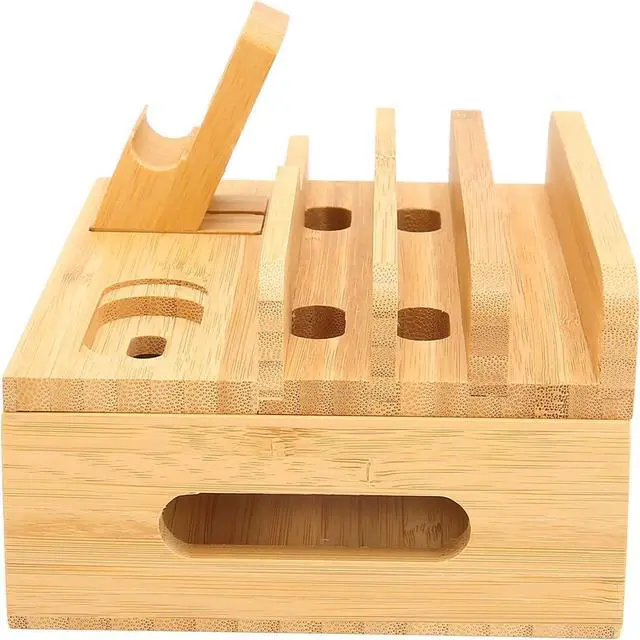 Alt view image 7 of 7 - Bamboo Charging Station for Multi Smart Device, Desktop Charging Docking Station with Integrated Watch Earbuds Stand, for Cell Phone, Tablet, Watch