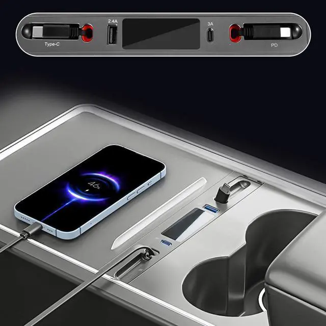 Alt view image 3 of 7 - Car Charger Multi Port for Tesla Model 3/Y 2021-2023, USB Hub for Tesla Model 3/Y Retractable Hub Docking Station Center Console USB Hub Docking Station for Tesla