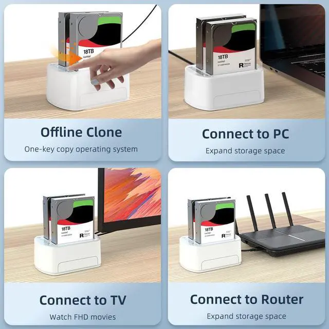 Alt view image 3 of 7 - SATA to USB 3.0 Dual Bay External Hard Drive Docking Station, for 2.5/3.5 Inch SATA HDD & SSD, Supported Offline Clone and Duplicator Function, Max 2 x 16TB- White-K3062