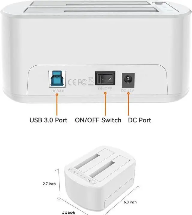 Alt view image 6 of 7 - SATA to USB 3.0 Dual Bay External Hard Drive Docking Station, for 2.5/3.5 Inch SATA HDD & SSD, Supported Offline Clone and Duplicator Function, Max 2 x 16TB- White-K3062